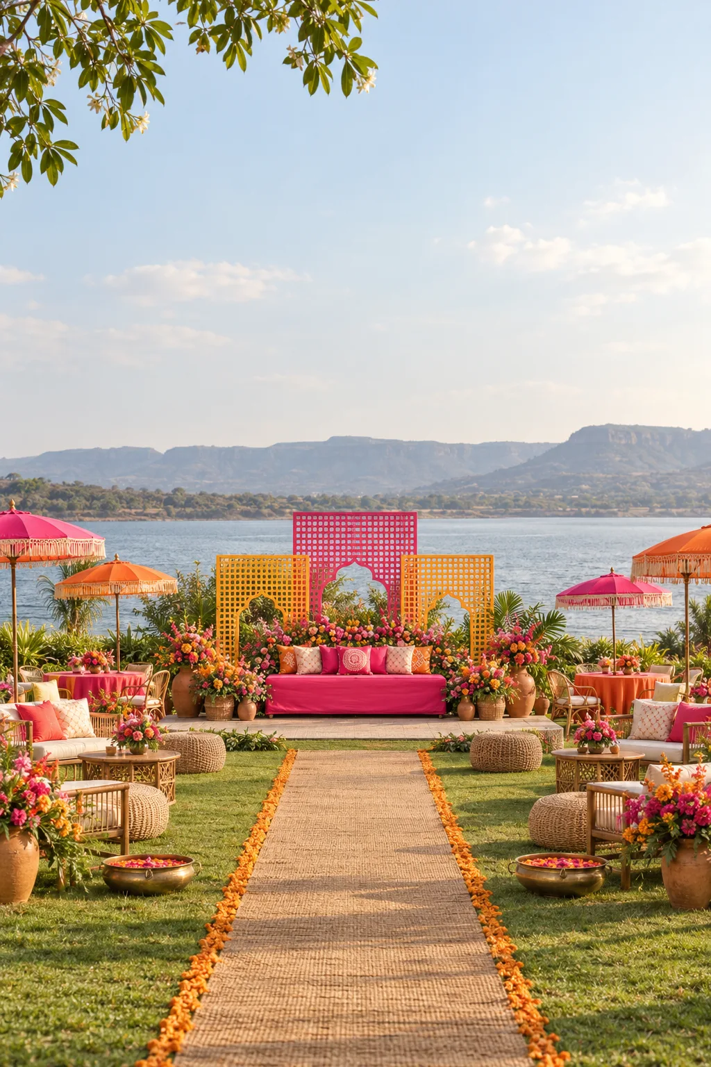 The Sun Kissed Haldi on the lakeside lawn: a hot-pink and marigold jaali backdrop, marigolds and bougainvillea, orange and pink parasols