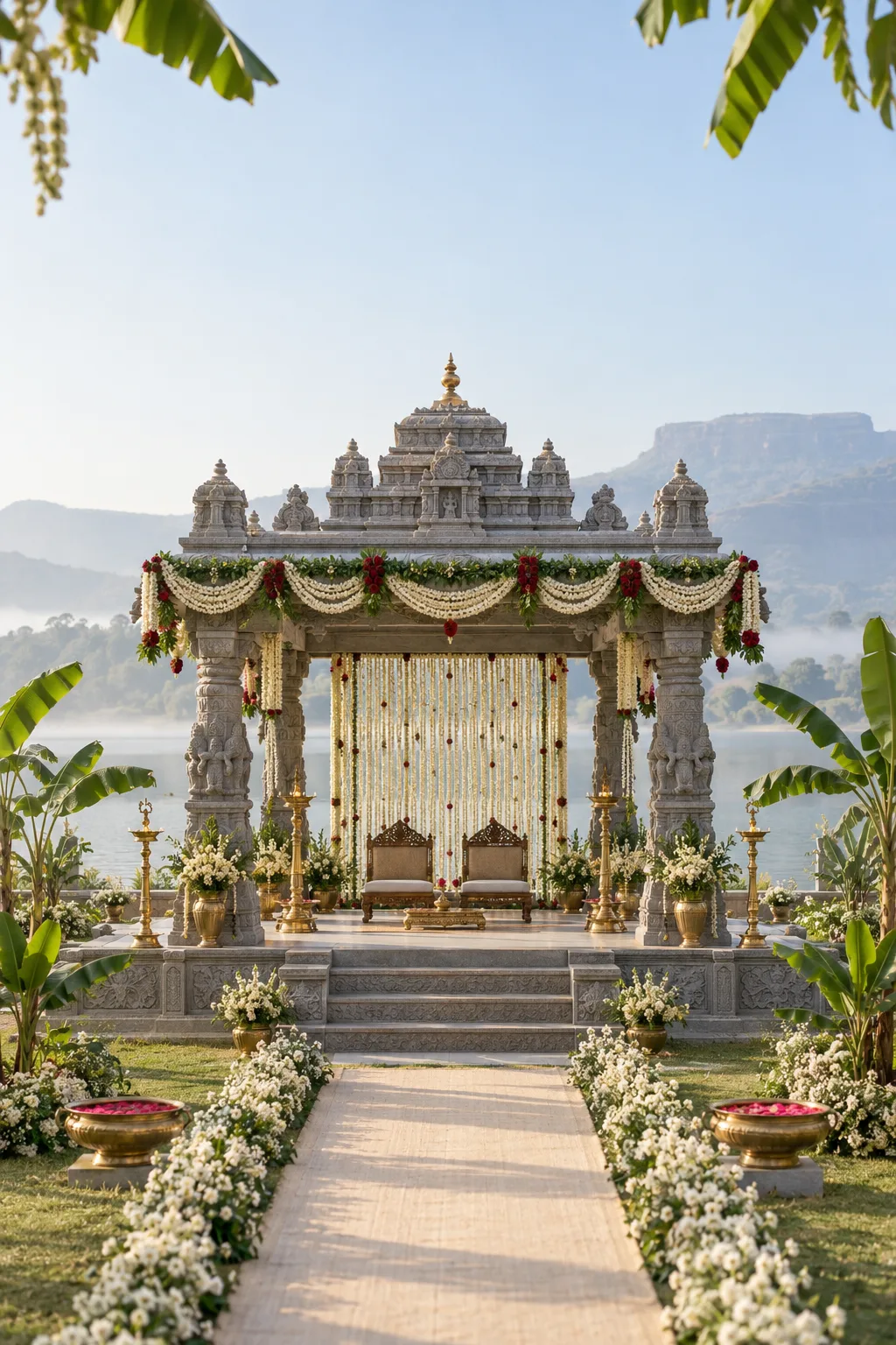 A carved stone South Indian temple mandap on the lakeside lawn, hung with rose and jasmine garlands, with banana leaves, brass lamps and an aisle of white flowers in the morning light