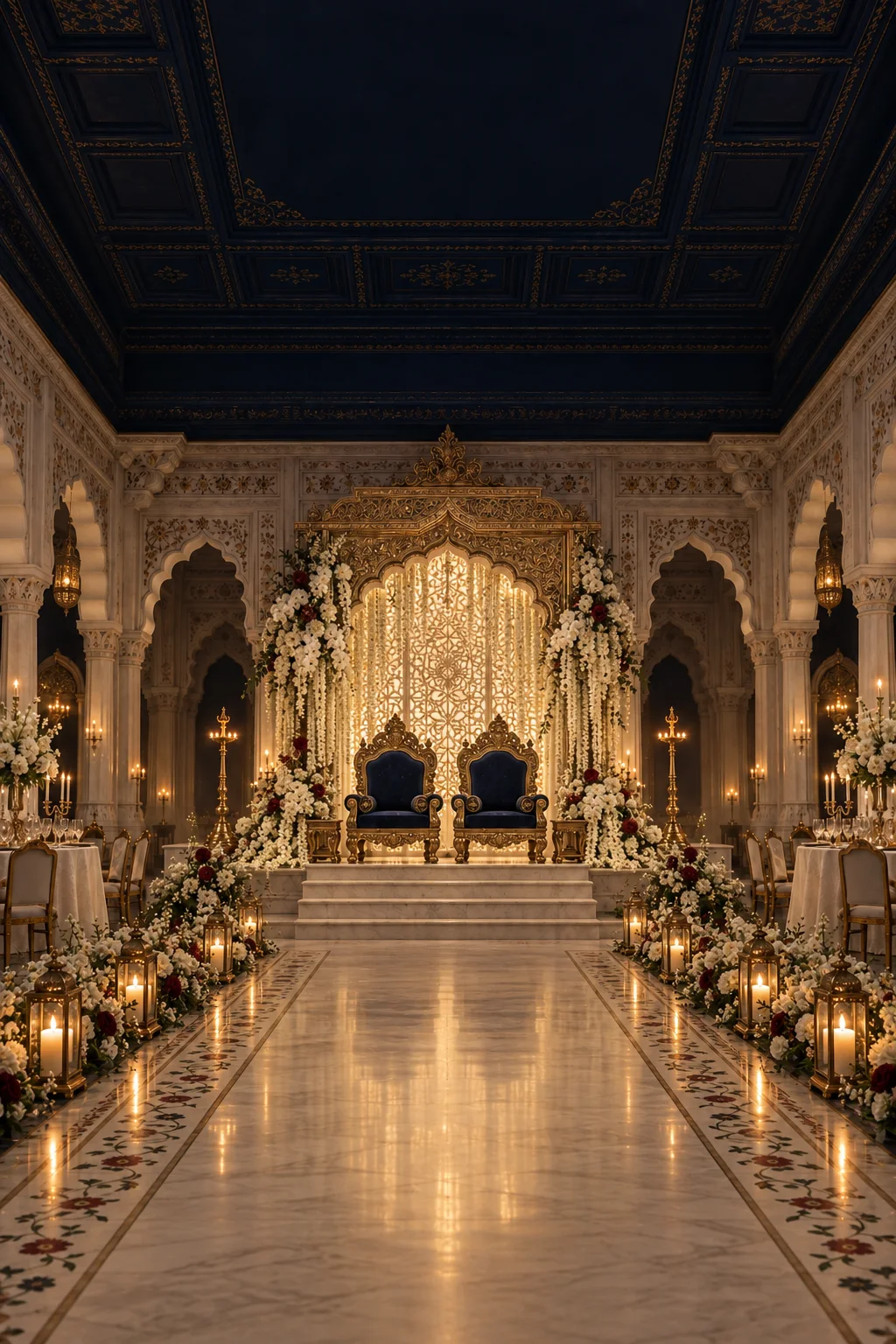 A royal palace durbar hall at night in midnight blue, ivory and gold: gilded twin thrones before a glowing jaali arch hung with jasmine, lit by candle lanterns along a marble aisle