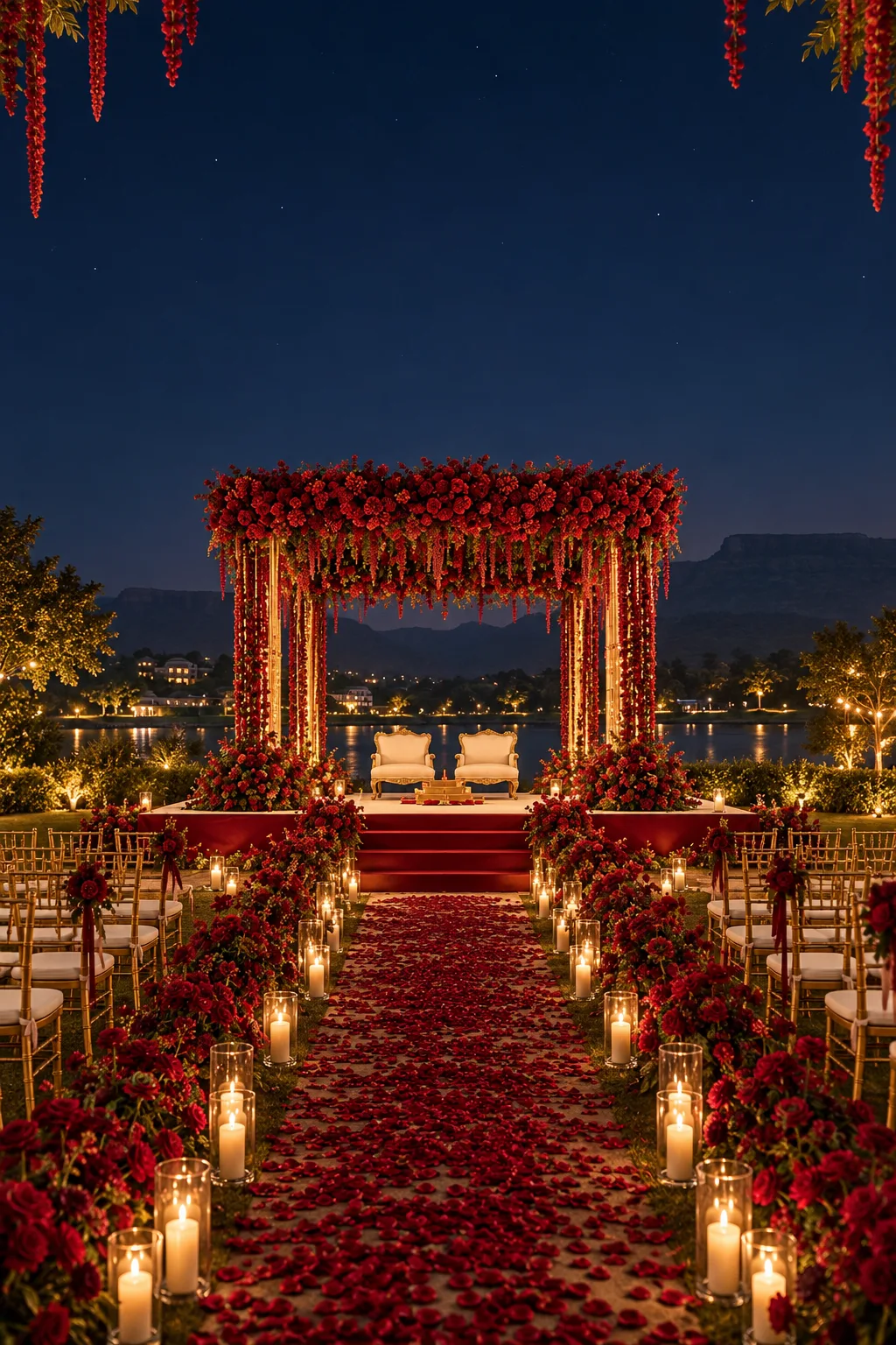 The Varmala stage on the front lawn at night: a canopy of crimson roses and hanging amaranthus, a candlelit rose aisle and fairy lights under the stars